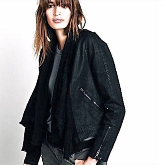 Free People Black Moto Jacket Coat Size 2 Front Drape Coated Denim Jean - Picture 15 of 15